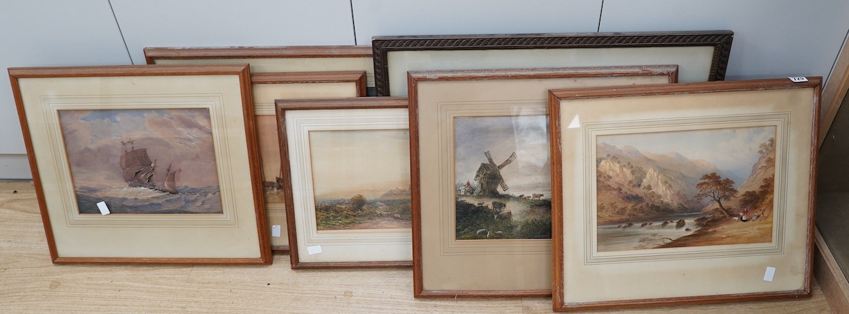 A collection of seven 19th century watercolour paintings to include, by - T.S Robins - ‘’Fishing boats in a choppy sea, signed; C.F. Buckley, 'Dove Dale, Derbyshire’, signed; Hercules Brabazon Brabazon, 'Fishing boats at